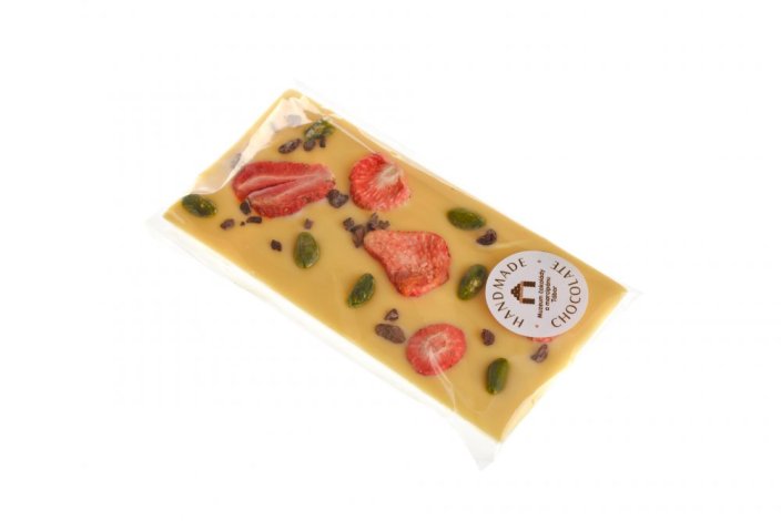 Crazy čokoláda bílá jahoda – pistácie – boby 90 g